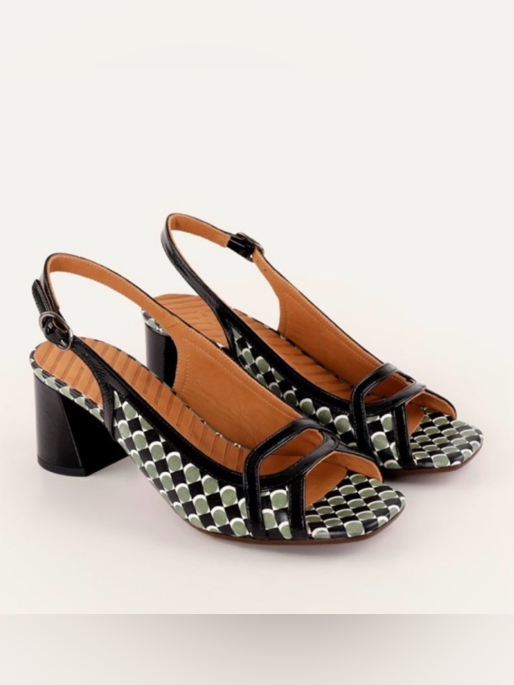 Chie Mihara Black and Olive Geometric Slingback Block Heels